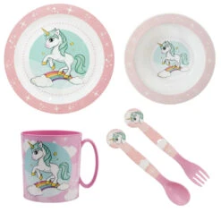 Stor Kleines Einhorn Unicorn Kinder Geschirr-Set 5 Tlg Becher Teller Schüssel Besteck