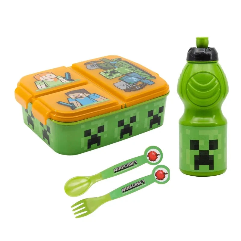 Minecraft Kinder 4 Tlg. Set 3 Kammern Brotdose- Gabel Löffel Flasche 3 Minecraft Kinder 4 Tlg. Set 3 Kammern Brotdose- Gabel Löffel Flasche