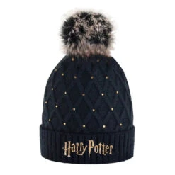 Harry Potter Damen Jugend Winter Mütze Mit Bommel Und Goldfarbigem Schriftzug