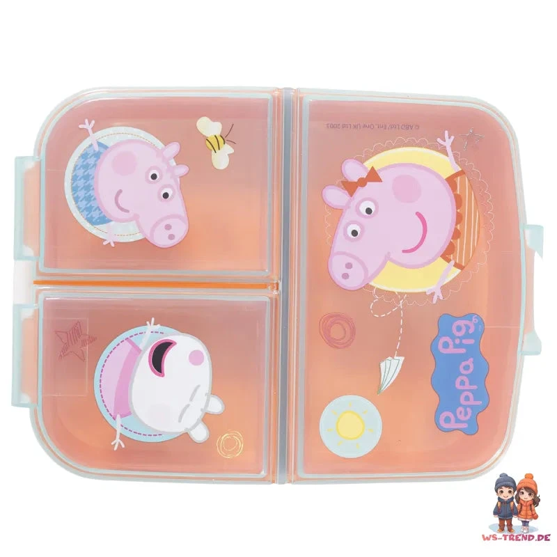 Peppa Wutz Pig 4 Teiliges Kinder Set 3 Kammern Brotdose Alu-Trinkflasche Besteck 5 Peppa Wutz Pig 4 Teiliges Kinder Set 3 Kammern Brotdose Alu-Trinkflasche Besteck – Bild 3