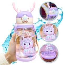 Einhorn 3D Deckel Kinder Wasserflasche Trinkflasche Flasche Gurt Halm 600 Ml