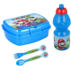Stor Super Mario Luigi Kinder 4 Teiliges Set Brotdose Gabel Löffel Trinkflasche