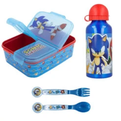 Stor Sonic The Hedgehog 4 Teiliges Lunch Set Brotdose 3 Kammern Alu-Trinkflasche