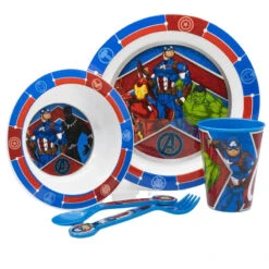 Marvel Avengers Kinder Geschirr-Set 5 Teilig Becher Teller Schüssel Besteck