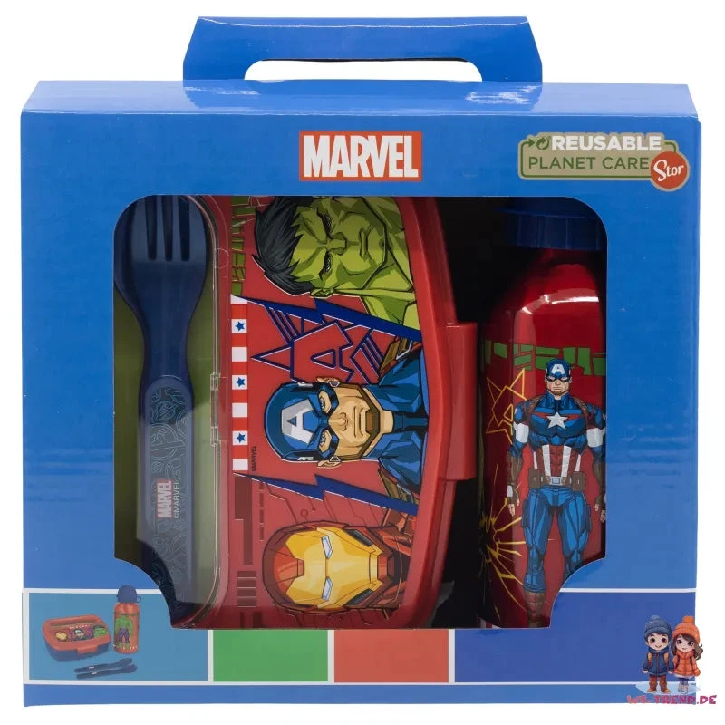 Marvel Avengers Kinder Geschirr-Set 4 Teilig Brotdose Alu-Trinkflasche Besteck 4 Marvel Avengers Kinder Geschirr-Set 4 Teilig Brotdose Alu-Trinkflasche Besteck – Bild 2