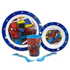 Marvel Spiderman Kinder Geschirr-Set 5 Teilig Becher Teller Schüssel Besteck