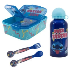 Disney Stitch 4 Tlg. Lunch Set Brotdose Mit 3 Kammern Alu-Trinkflasche Besteck
