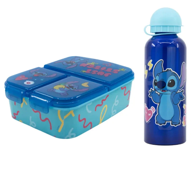 Disney Stitch 2 Tlg. Lunch Set Brotdose Mit 3 Kammern Alu-Trinkflasche 530 Ml 3 Disney Stitch 2 Tlg. Lunch Set Brotdose Mit 3 Kammern Alu-Trinkflasche 530 Ml