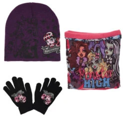 Monster High Girls 3tlg Set Kinder Mütze Wintermütze Handschuhe Loop -Bekleidung Peripherie HO4421 BK 02
