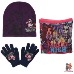 Monster High Girls 3tlg Set Kinder Mütze Wintermütze Handschuhe Loop -Bekleidung Peripherie HO4421 DBL 002
