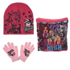 Monster High Girls 3tlg Set Kinder Mütze Wintermütze Handschuhe Loop -Bekleidung Peripherie HO4421 P 00