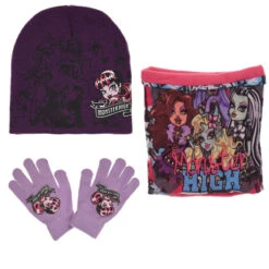 Monster High Girls 3tlg Set Kinder Mütze Wintermütze Handschuhe Loop -Bekleidung Peripherie HO4421 Pu 00