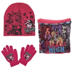 Monster High Girls 3tlg Set Kinder Mütze Wintermütze Handschuhe Loop