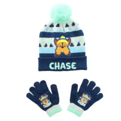 Paw Patrol Chase Kinder Jungen Herbst Winter Mütze Bommelmütze Handschuhe