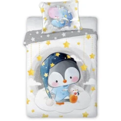 Pinguin Wal Baby Bettwäsche 2tlg Set 100x135 40x60 Cm 100% Baumwolle